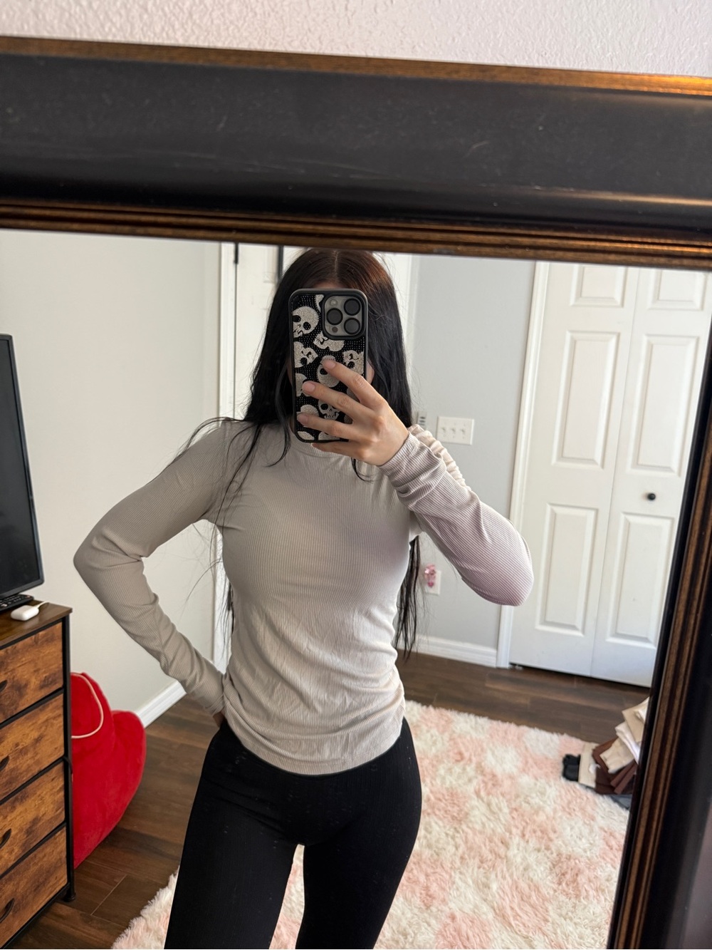 Yogalicious Heavenly Rib Liana Long Sleeve Top Light Beige Gray Crew Neck XS